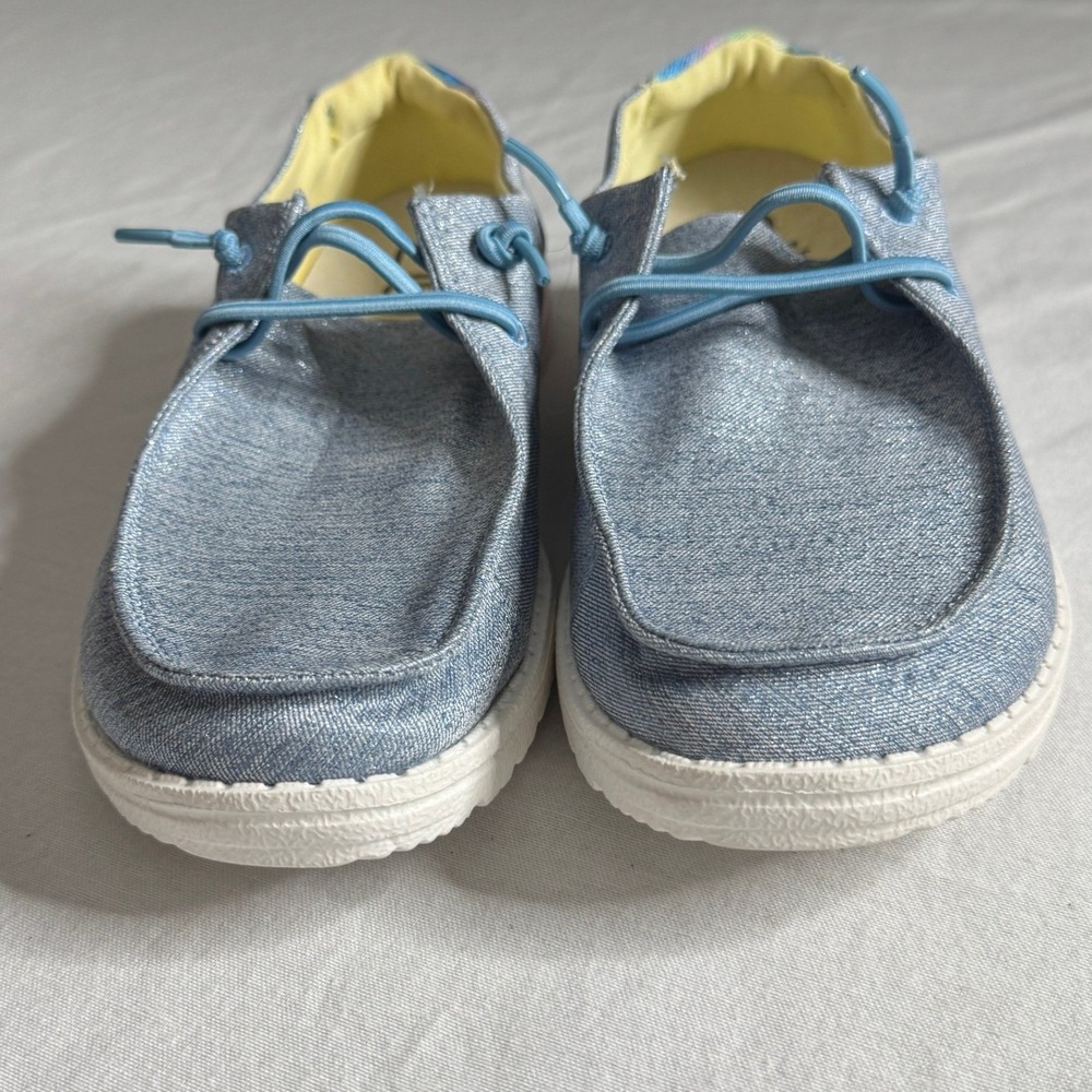 Hey Dude Wendy Sparkle Denim Rainbow Heel Slip On Moc Toe Shoes Youth 6 Womens 7 - Picture 3 of 10